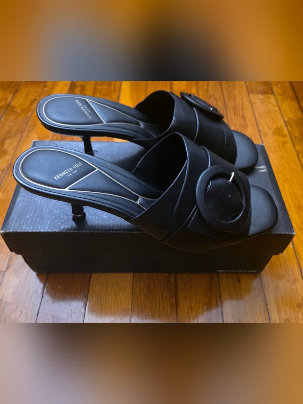 Kenneth Cole Black Leather Kitten Heel Slide Mules with Decorative Buckle